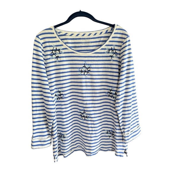 Talbots Floral Embroidered Blue Striped Women's Top Size Medium 100% Cot… - Picture 7 of 16